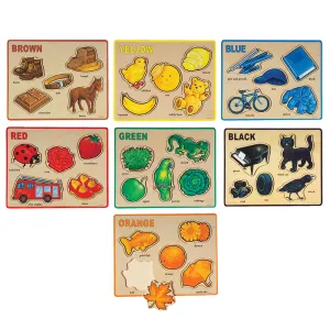 Half-Size Learn-A-Color Wooden Inlay Puzzle Set | 7 Vibrant Color Recognition Puzzles