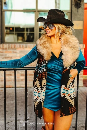 Lucky & Blessed JO045 Black Aztec W Fur Collar Vest